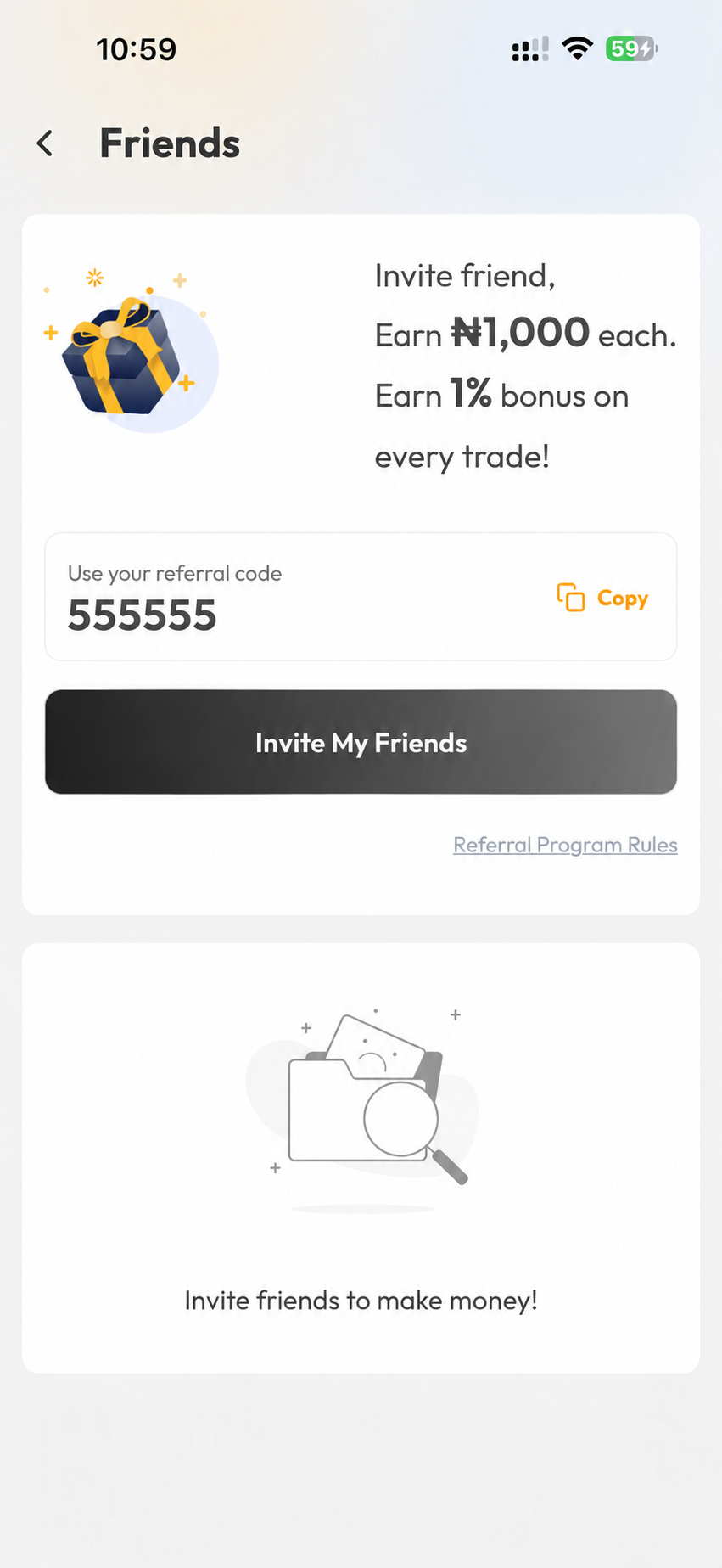 Friends screen showing referral code 555555 and the 1 percent trade bonus